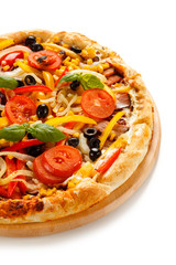 Pizza with ham and vegetables on white background 