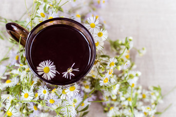 Cup of camomile tea with camomile flowers