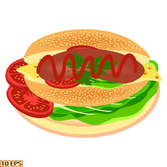 Hot dog. Hot dog with sausage. Delicious hot dog with ketchup. Bun, tomato, cheese, sausage, cheese. Tasty hot dog with sausage, cheese, tomato, lettuce, parsley. Fast food. Vector illustration.