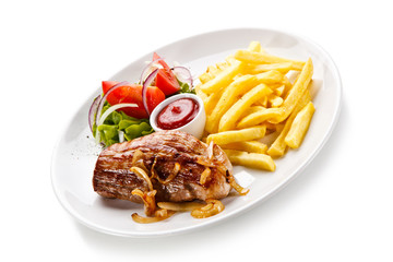 Grilled chicken fillet, chips and vegetable salad 