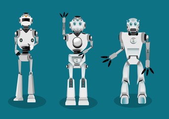 set of androids robot character in different interactive poses.