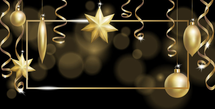 Christmas Frame Banner Template. Ball Fir Toys star golden silver sparkle serpentine streamer. New Year tree decoration gold blur defocused background.3d realistic design element. Vector illustration
