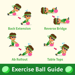 Cartoon set of man doing exercise ball step for health