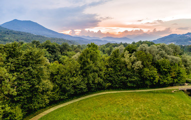 Landscape of sunset in the mountains, aerial view.