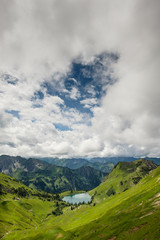 Fototapeta na wymiar Almwiesen und türkis See in den Bergen im Hochformat