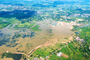 High angle view of the plane showing the flood area after the storm. In the northeastern region of...