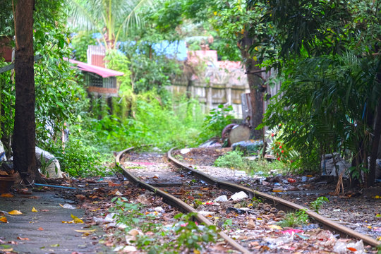 Railway passing the living area at upcountry in Myanmar