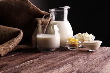milk products. tasty healthy dairy products on a table