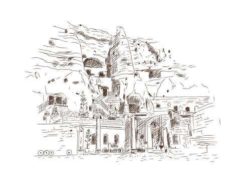 Hand drawn sketch of Cappadocia Turkey in vector illustration.