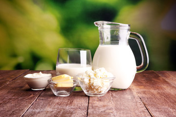 milk products. tasty healthy dairy products on a table
