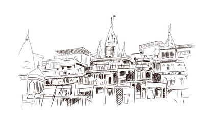 Hand drawn sketch of Kashi Varanasi in vector illustration.