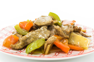 wok fried chicken stir fry with sweet peppers and chinese vegetables
