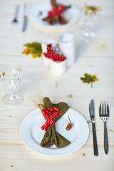 Napkin and acorn on plate with knife and fork near by on festive table