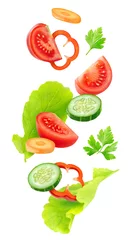 Papier Peint photo Légumes Mélange de légumes isolés. Morceaux de tomates fraîches, concombres, carottes, poivrons et feuilles de laitue (ingrédients de la salade) dans l& 39 air isolés sur fond blanc avec un tracé de détourage