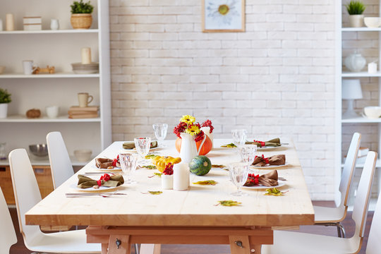 Six chairs around festive table served for celebrating Thanksgiving