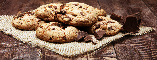 Chocolate chip cookies on table freshly baked