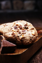 Chocolate chip cookies on table freshly baked