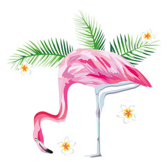 Pink flamingo with tropical plants and flowers beach wallpaper