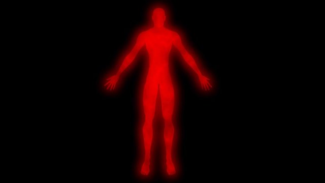 Glowing man raising arms. Internal smoke effect in body silhouette. 3d animation