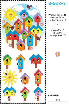 Spring birdhouses visual logic puzzle: What of the 2 - 10 can't be found on the picture 1? Answer included.
