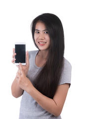 Angry woman using cellphone on white background