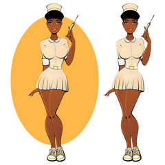 Sexy black nurse in a transparent dress with a syringe.
