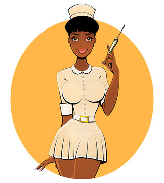 Sexy black nurse in a transparent dress with a syringe.