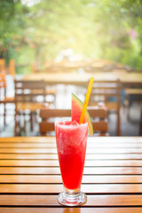 Smoothies iced water melon juice in a glass close up.
