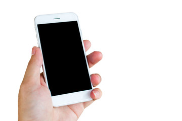 Unidentified brand of smartphone holding on hand with empty black screen isolated.