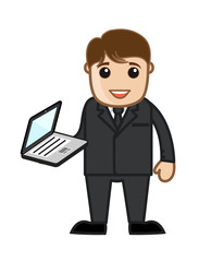 Cartoon Salesman Presenting Laptop