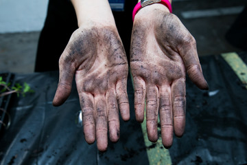 women showing dirty hands after gardening work 