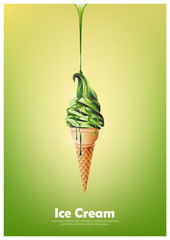 Green soft ice cream in the cone, Pour green syrup, lemon lime and green tea flavor, Vector illustration