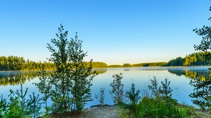 Photo sur Plexiglas Anti-reflet Lac / étang View of the lake from the shore at sunrise. Morning mist. Haukivesi lake, Saimaa lake system, Savo, Finland.