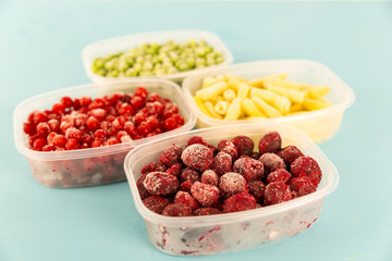 Food packaging ingredients, healthy frozen vegetables, cooking from freezer container.