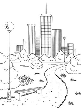 Park graphic black white bench lamp vertical landscape sketch illustration vector