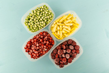 Food packaging ingredients, healthy frozen vegetables, cooking from freezer container.
