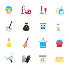 Cleaning Icons. Set of cleaning tools Vector Illustration Color Icons Flat Style.