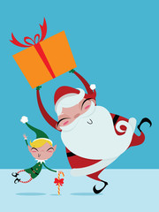 Santa Claus gift boxes and elf are happy for Christmas. Vector cartoon
