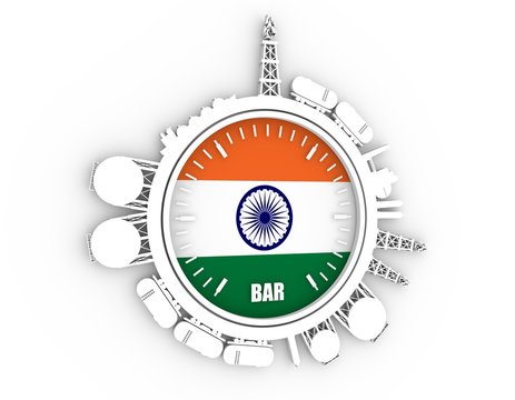 Circle with energy relative silhouettes. Design set of natural gas industry. Objects located around the manometer circle. 3D rendering. Flag of the India