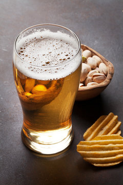 Lager beer and snacks