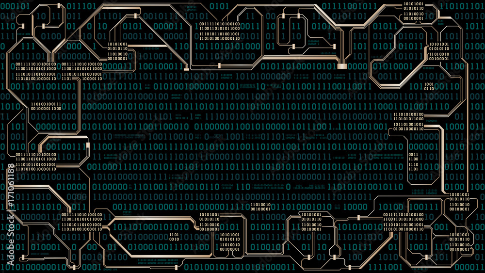 Poster abstract futuristic electronic circuit board with binary code, computer digital technology backgroun