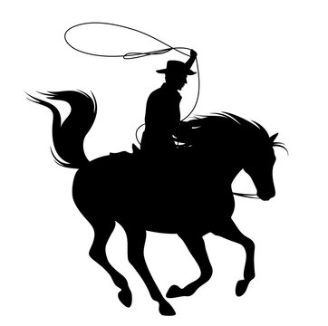cowboy throwing lasso riding running horse - black vector silhouette over white