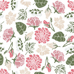 Fototapeta na wymiar Seamless floral pattern with flowers of peonies, roses, bells, lilies, ferns. Vector illustration.