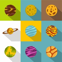Space planet icon set, flat style
