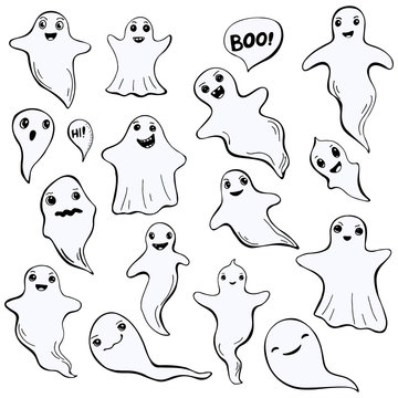 Set of doodle ghosts, isolated on white