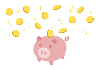 ブタの貯金箱と舞い落ちるお金のイラスト