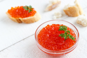 Red caviar in the bowl