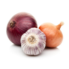 onions and garlic isolated on white background