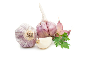 garlic  with parsley greenery isolated on white background