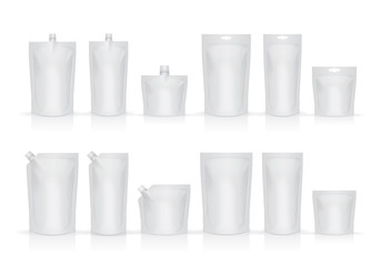 Blank food or drink packaging bags on white background